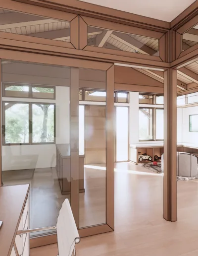 A room with glass doors and a desk.